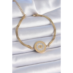 Mey İthalat® 316L Çelik Gold Renk İtalyan Zincir Zirkon Taşlı Göz İşlemeli Madalyon Model Kadın Bileklik