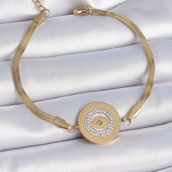 Mey İthalat® 316L Çelik Gold Renk İtalyan Zincir Zirkon Taşlı Göz İşlemeli Madalyon Model Kadın Bileklik
