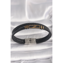 Mey İthalat® 316L Çelik Gold Renk Kanat Aksesuarlı Siyah Burgu Model Deri Kordon Erkek Bileklik