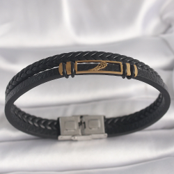 Mey İthalat® 316L Çelik Gold Renk Kanat Aksesuarlı Siyah Burgu Model Deri Kordon Erkek Bileklik