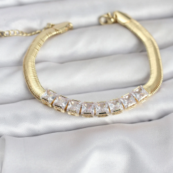 Mey İthalat® 316L Çelik Gold Renk Kare Zirkon Taşlı Yılan Zincirli Kadın Bileklik