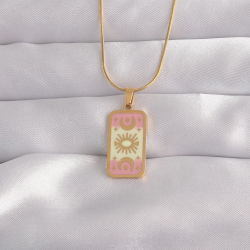 Mey İthalat® 316L Çelik Gold Renk Karışık Mineli Ay Figür Tarot Kolye