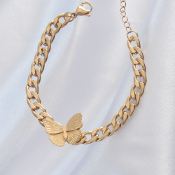 Mey İthalat® 316L Çelik Gold Renk Kelebek Figür İşleme Detay Zincir Model Kadın Bileklik