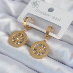 Mey İthalat® 316L Çelik Gold Renk Kutup Yıldızı Model İşleme Detay Zirkon Taşlı Kadın Küpe