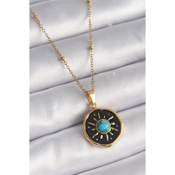 Mey İthalat® 316L Çelik Gold Renk Mavi Boncuk Güneş İşleme Madalyon Model Kadın Kolye
