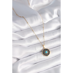 Mey İthalat® 316L Çelik Gold Renk Mavi Boncuk Güneş İşleme Madalyon Model Kadın Kolye