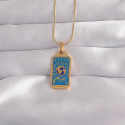 Mey İthalat® 316L Çelik Gold Renk Mavi Mineli El Figür Tarot Kolye