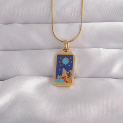 Mey İthalat® 316L Çelik Gold Renk Mavi Mineli Kız Figür Tarot Kolye