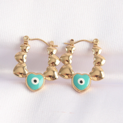 Mey İthalat® 316L Çelik Gold Renk Mavi Nazarlı Kalpli Model Küpe