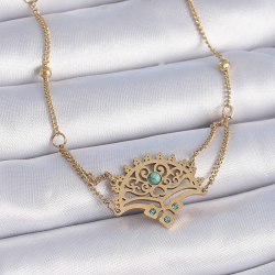 Mey İthalat® 316L Çelik Gold Renk Mavi Taşlı Etnik Desen Kadın Bileklik