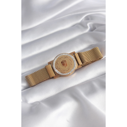 Mey İthalat® 316L Çelik Gold Renk Mıknatıslı Hasır Zirkon Taşlı Çeyrek Altın Model Kadın Bileklik