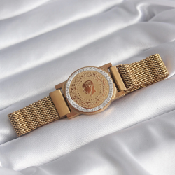 Mey İthalat® 316L Çelik Gold Renk Mıknatıslı Hasır Zirkon Taşlı Çeyrek Altın Model Kadın Bileklik