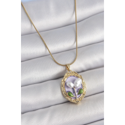 Mey İthalat® 316L Çelik Gold Renk Mor İncili Çiçek İşlemeli Portre Model Kadın Kolye