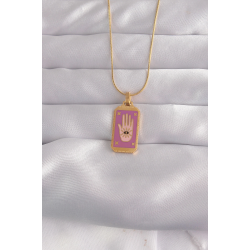 Mey İthalat® 316L Çelik Gold Renk Mor Mineli El Figür Tarot Kolye
