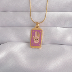 Mey İthalat® 316L Çelik Gold Renk Mor Mineli El Figür Tarot Kolye