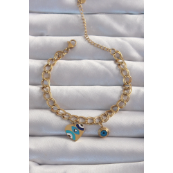 Mey İthalat® 316L Çelik Gold Renk Nazarlı Kalp Model Zincir Bileklik