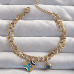 Mey İthalat® 316L Çelik Gold Renk Nazarlı Kalp Model Zincir Bileklik