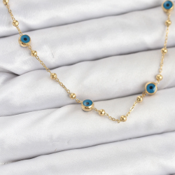 Mey İthalat® 316L Çelik Gold Renk Nazarlı ve Topçuklu Model Kadın Kolye