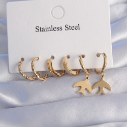 Mey İthalat® 316L Çelik Gold Renk Oval Tasarım Kuş Model Küpe Seti