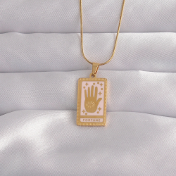 Mey İthalat® 316L Çelik Gold Renk Pembe Mineli El Figür Tarot Kolye