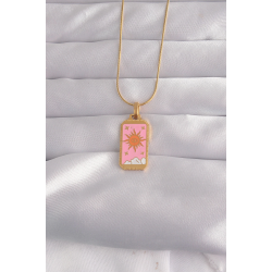 Mey İthalat® 316L Çelik Gold Renk Pembe Mineli Güneş Model Tarot Kolye
