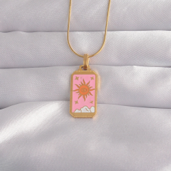 Mey İthalat® 316L Çelik Gold Renk Pembe Mineli Güneş Model Tarot Kolye