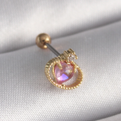 Mey İthalat® 316L Çelik Gold Renk Pembe Mineli Kalp Zirkon Taş Detay Tragus Piercing
