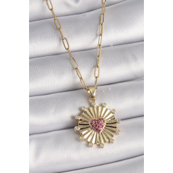 Mey İthalat® 316L Çelik Gold Renk Pembe Zirkon Taşlı Kalp İşleme Madalyon Model Kadın Kolye