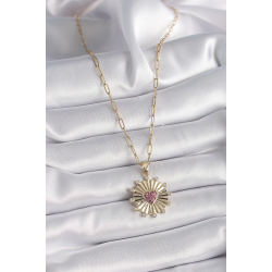 Mey İthalat® 316L Çelik Gold Renk Pembe Zirkon Taşlı Kalp İşleme Madalyon Model Kadın Kolye