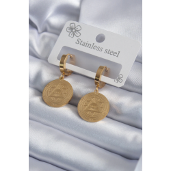 Mey İthalat® 316L Çelik Gold Renk Pentagram İşleme Model Kadın Küpe