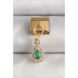 Mey İthalat® 316L Çelik Gold Renk Sallantı Damla Yeşil Zirkon Taşlı Nomination Charm
