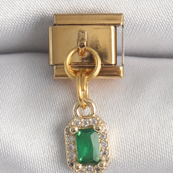 Mey İthalat® 316L Çelik Gold Renk Sallantı Kare Yeşil Zirkon Taşlı Nomination Charm