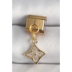 Mey İthalat® 316L Çelik Gold Renk Sallantı Zirkon Taşlı Çiçek İşlemeli Nomination Charm