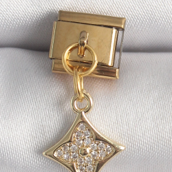 Mey İthalat® 316L Çelik Gold Renk Sallantı Zirkon Taşlı Çiçek İşlemeli Nomination Charm