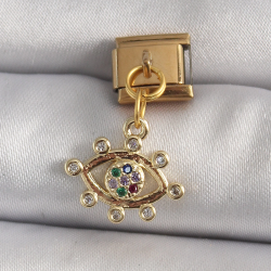 Mey İthalat® 316L Çelik Gold Renk Sallantı Zirkon Taşlı Göz Model Nomination Charm