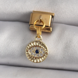 Mey İthalat® 316L Çelik Gold Renk Sallantı Zirkon Taşlı Göz Model Nomination Charm