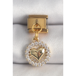 Mey İthalat® 316L Çelik Gold Renk Sallantı Zirkon Taşlı Kalp Model Nomination Charm