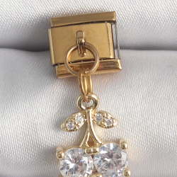 Mey İthalat® 316L Çelik Gold Renk Sallantı Zirkon Taşlı Kiraz Model Nomination Charm