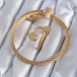 Mey İthalat® 316L Çelik Gold Renk Sarmal Model Erkek Bileklik Yüzük Kombini