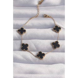 Mey İthalat® 316L Çelik Gold Renk Siyah Mineli Yonca Bileklik