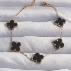 Mey İthalat® 316L Çelik Gold Renk Siyah Mineli Yonca Bileklik