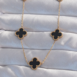 Mey İthalat® 316L Çelik Gold Renk Siyah Mineli Yonca Kolye