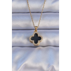 Mey İthalat® 316L Çelik Gold Renk Siyah Mineli Zirkon Taşlı Yonca Figürlü Kolye