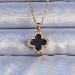 Mey İthalat® 316L Çelik Gold Renk Siyah Mineli Zirkon Taşlı Yonca Figürlü Kolye