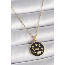 Mey İthalat® 316L Çelik Gold Renk Siyah Şans Kolyesi