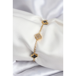 Mey İthalat® 316L Çelik Gold Renk Siyah ve Zirkon Taşlı Baby Boy Yonca Kadın Bileklik