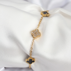 Mey İthalat® 316L Çelik Gold Renk Siyah ve Zirkon Taşlı Baby Boy Yonca Kadın Bileklik