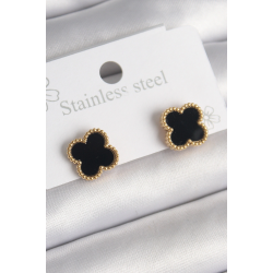 Mey İthalat® 316L Çelik Gold Renk Siyah Yonca Model Kadın Küpe