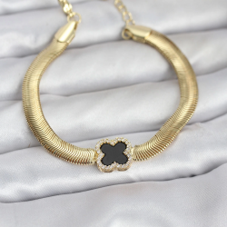 Mey İthalat® 316L Çelik Gold Renk Siyah Yonca Model Zirkon Taşlı Yılan Zincirli Kadın Bileklik