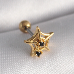 Mey İthalat® 316L Çelik Gold Renk Siyah Zirkon Taş Detay Örümcek Ağ Model Tragus Piercing